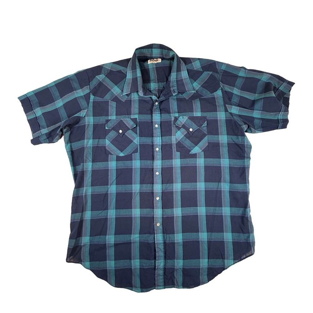 Ely Cattleman Men's Pearl Snap Navy and Teal Plaid Short Sleeve Shirt Size XL